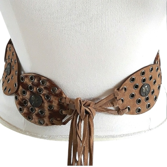 Greek Goddess Medallion Leather Fringe Tie Belt Italy Brambilla Milano Large main image 13
